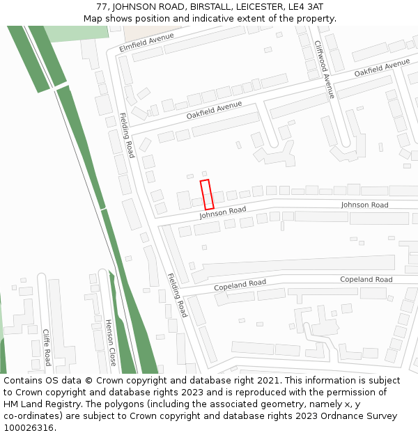 77, JOHNSON ROAD, BIRSTALL, LEICESTER, LE4 3AT: Location map and indicative extent of plot