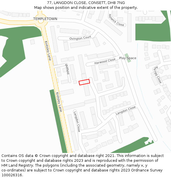 77, LANGDON CLOSE, CONSETT, DH8 7NG: Location map and indicative extent of plot