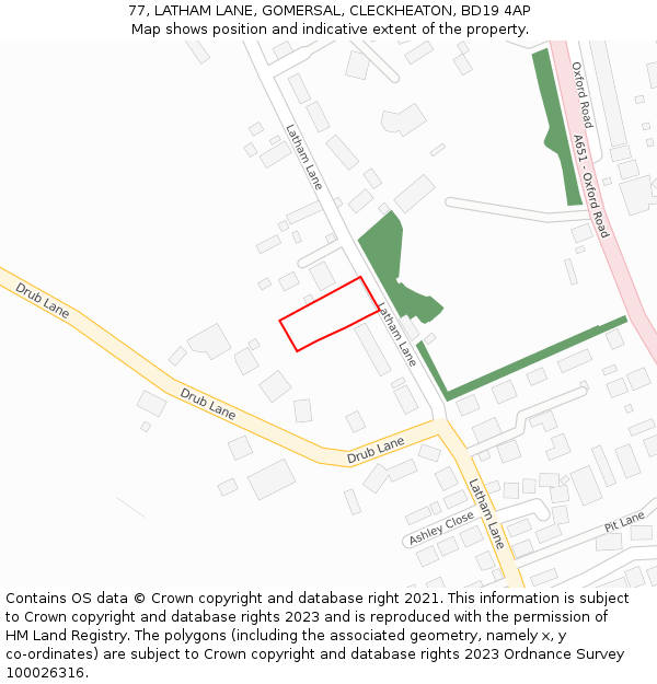 77, LATHAM LANE, GOMERSAL, CLECKHEATON, BD19 4AP: Location map and indicative extent of plot