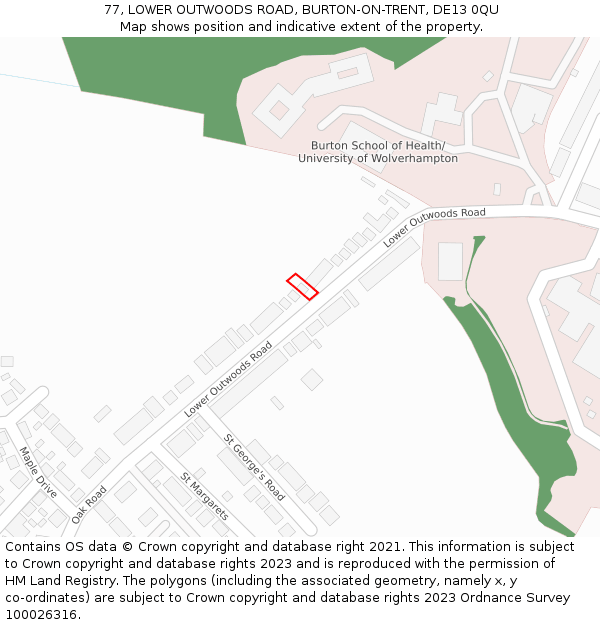 77, LOWER OUTWOODS ROAD, BURTON-ON-TRENT, DE13 0QU: Location map and indicative extent of plot