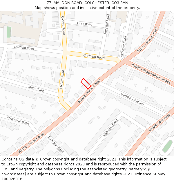 77, MALDON ROAD, COLCHESTER, CO3 3AN: Location map and indicative extent of plot