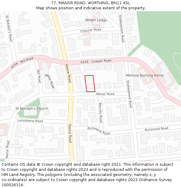 77, MANOR ROAD, WORTHING, BN11 4SL: Location map and indicative extent of plot