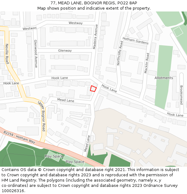 77, MEAD LANE, BOGNOR REGIS, PO22 8AP: Location map and indicative extent of plot