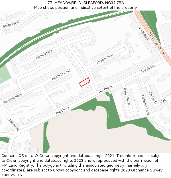 77, MEADOWFIELD, SLEAFORD, NG34 7BA: Location map and indicative extent of plot