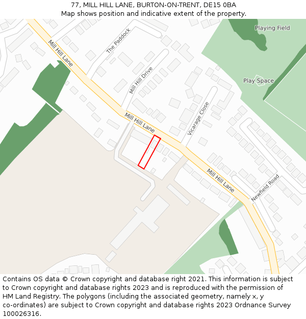 77, MILL HILL LANE, BURTON-ON-TRENT, DE15 0BA: Location map and indicative extent of plot