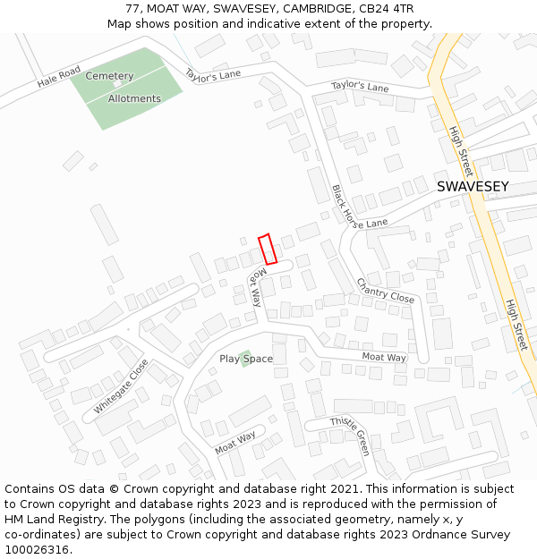 77, MOAT WAY, SWAVESEY, CAMBRIDGE, CB24 4TR: Location map and indicative extent of plot