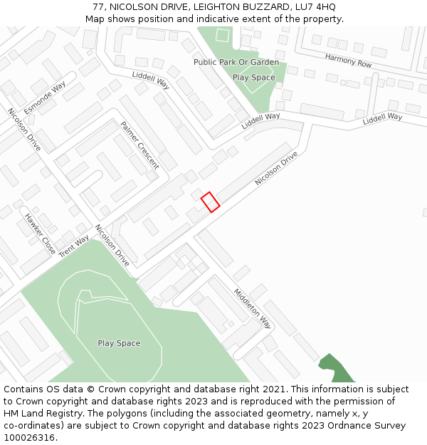 77, NICOLSON DRIVE, LEIGHTON BUZZARD, LU7 4HQ: Location map and indicative extent of plot