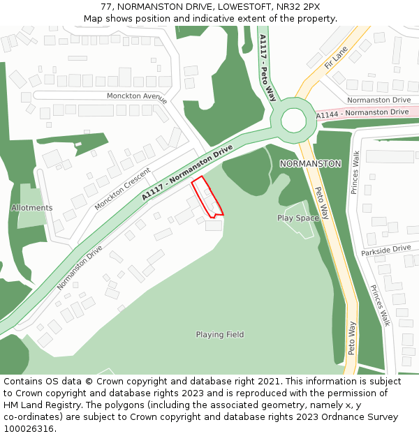 77, NORMANSTON DRIVE, LOWESTOFT, NR32 2PX: Location map and indicative extent of plot