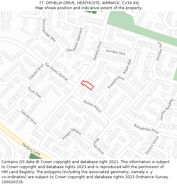 77, OPHELIA DRIVE, HEATHCOTE, WARWICK, CV34 6XJ: Location map and indicative extent of plot