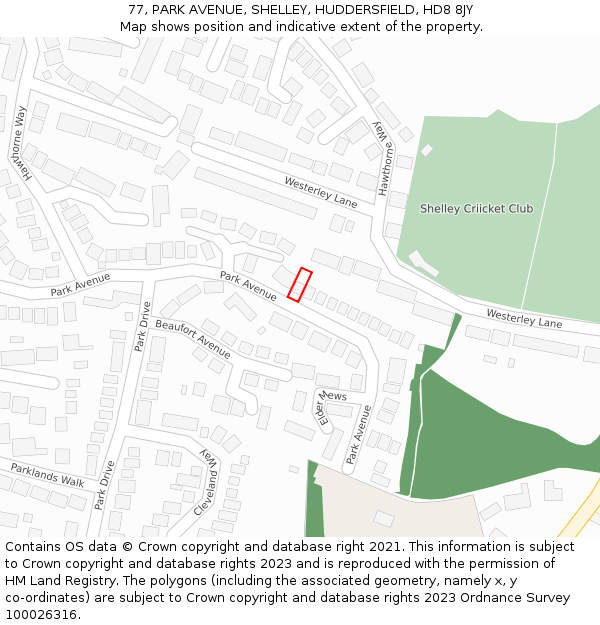 77, PARK AVENUE, SHELLEY, HUDDERSFIELD, HD8 8JY: Location map and indicative extent of plot