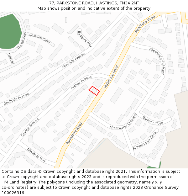 77, PARKSTONE ROAD, HASTINGS, TN34 2NT: Location map and indicative extent of plot