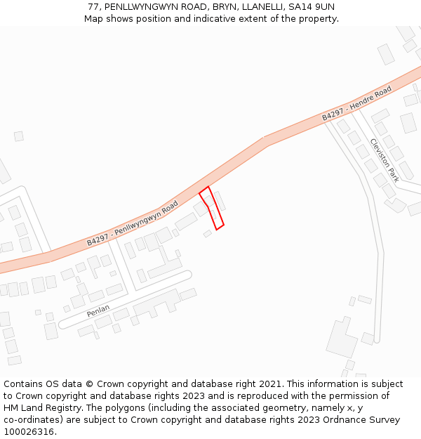 77, PENLLWYNGWYN ROAD, BRYN, LLANELLI, SA14 9UN: Location map and indicative extent of plot