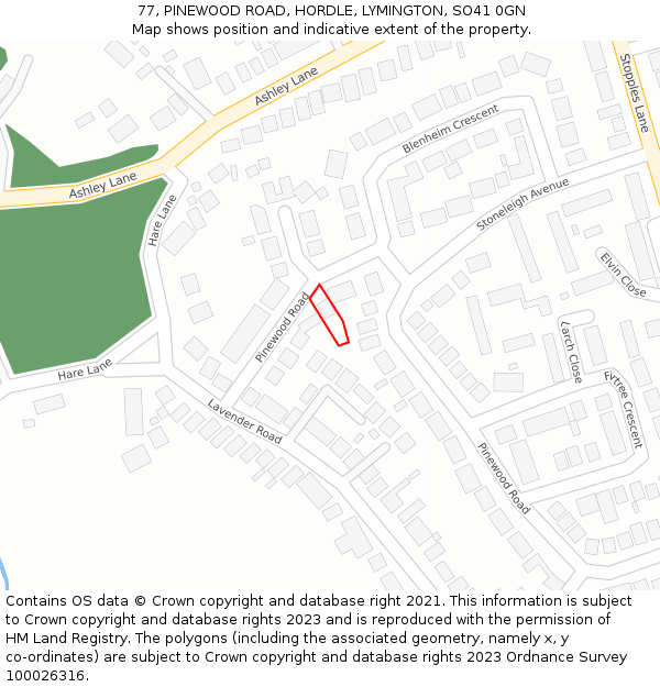 77, PINEWOOD ROAD, HORDLE, LYMINGTON, SO41 0GN: Location map and indicative extent of plot