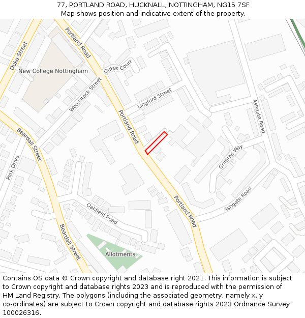 77, PORTLAND ROAD, HUCKNALL, NOTTINGHAM, NG15 7SF: Location map and indicative extent of plot