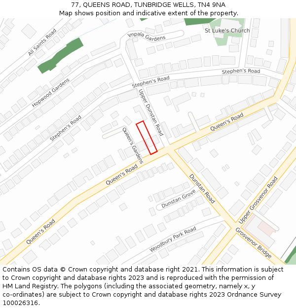 77, QUEENS ROAD, TUNBRIDGE WELLS, TN4 9NA: Location map and indicative extent of plot