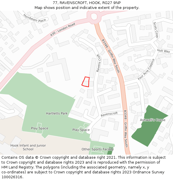 77, RAVENSCROFT, HOOK, RG27 9NP: Location map and indicative extent of plot