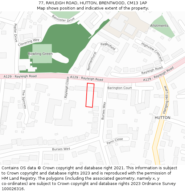 77, RAYLEIGH ROAD, HUTTON, BRENTWOOD, CM13 1AP: Location map and indicative extent of plot