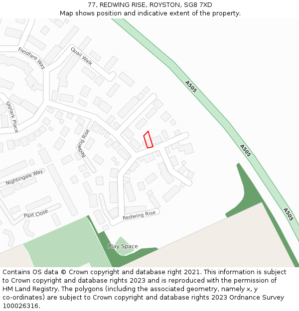 77, REDWING RISE, ROYSTON, SG8 7XD: Location map and indicative extent of plot