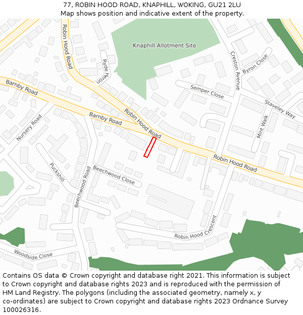 77, ROBIN HOOD ROAD, KNAPHILL, WOKING, GU21 2LU: Location map and indicative extent of plot
