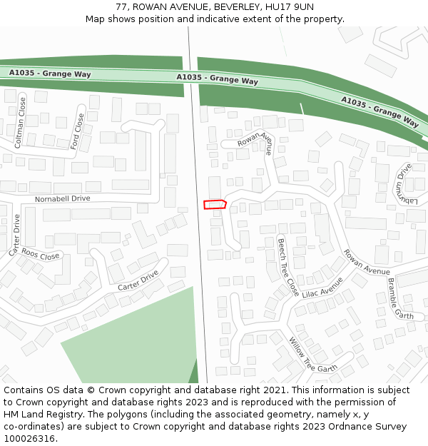 77, ROWAN AVENUE, BEVERLEY, HU17 9UN: Location map and indicative extent of plot