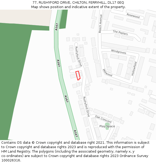 77, RUSHYFORD DRIVE, CHILTON, FERRYHILL, DL17 0EQ: Location map and indicative extent of plot