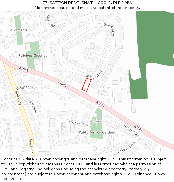 77, SAFFRON DRIVE, SNAITH, GOOLE, DN14 9RA: Location map and indicative extent of plot