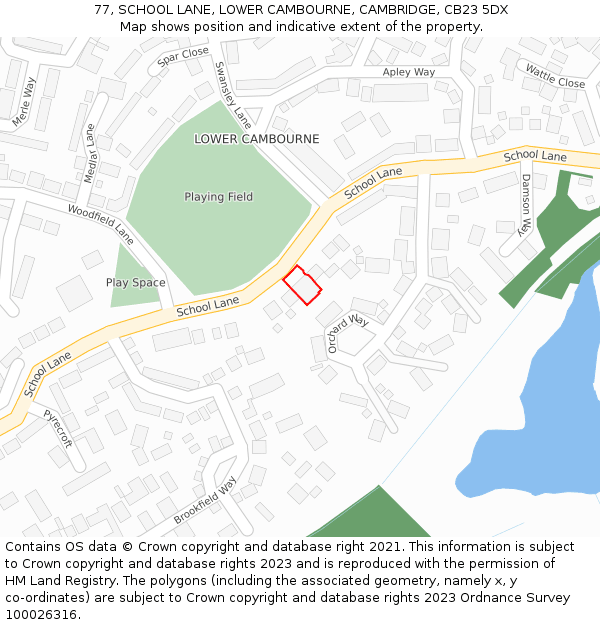 77, SCHOOL LANE, LOWER CAMBOURNE, CAMBRIDGE, CB23 5DX: Location map and indicative extent of plot