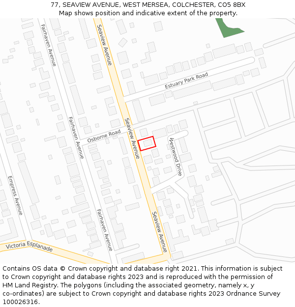 77, SEAVIEW AVENUE, WEST MERSEA, COLCHESTER, CO5 8BX: Location map and indicative extent of plot