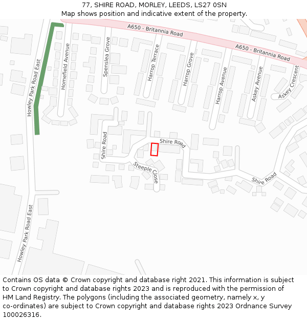 77, SHIRE ROAD, MORLEY, LEEDS, LS27 0SN: Location map and indicative extent of plot