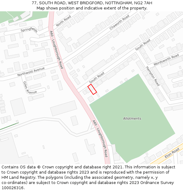 77, SOUTH ROAD, WEST BRIDGFORD, NOTTINGHAM, NG2 7AH: Location map and indicative extent of plot