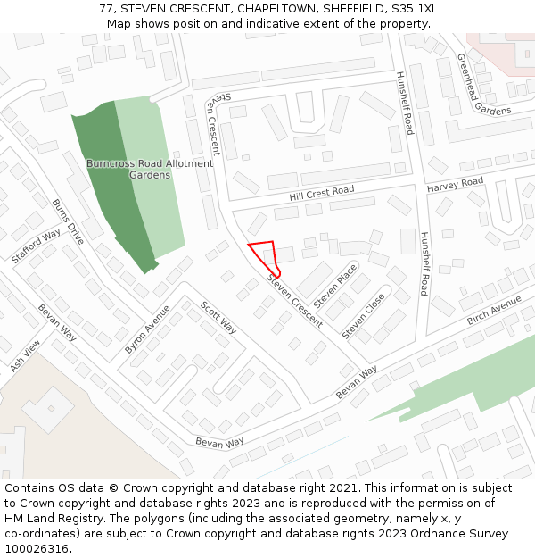 77, STEVEN CRESCENT, CHAPELTOWN, SHEFFIELD, S35 1XL: Location map and indicative extent of plot