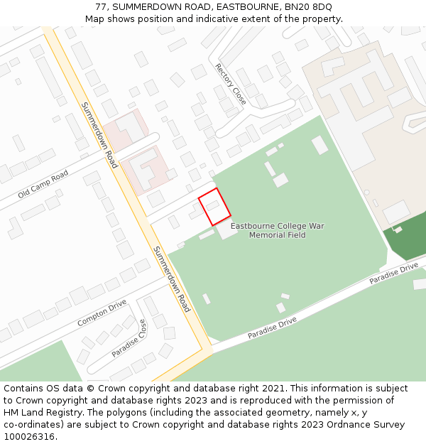 77, SUMMERDOWN ROAD, EASTBOURNE, BN20 8DQ: Location map and indicative extent of plot