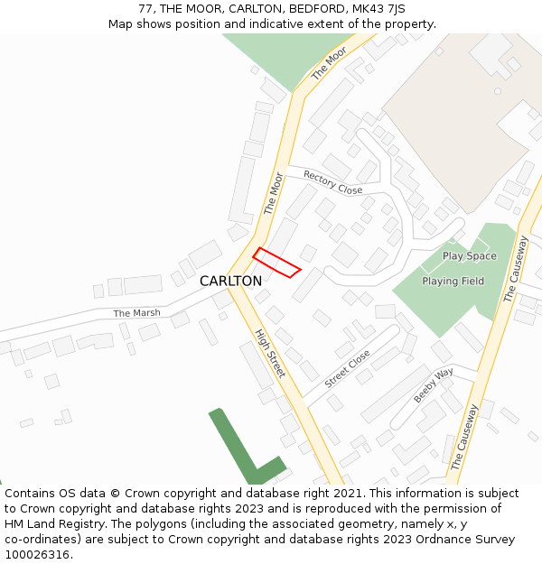 77, THE MOOR, CARLTON, BEDFORD, MK43 7JS: Location map and indicative extent of plot