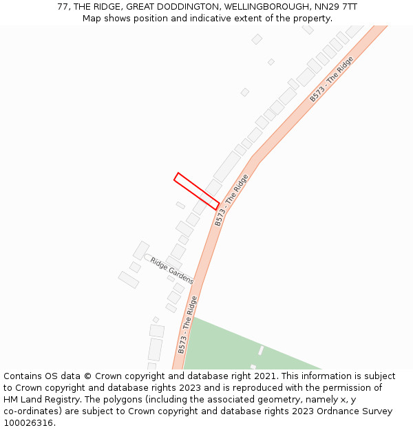 77, THE RIDGE, GREAT DODDINGTON, WELLINGBOROUGH, NN29 7TT: Location map and indicative extent of plot