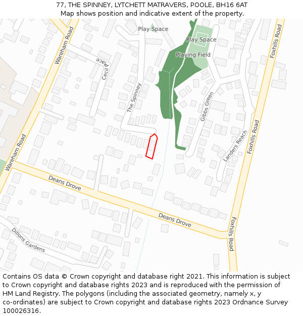 77, THE SPINNEY, LYTCHETT MATRAVERS, POOLE, BH16 6AT: Location map and indicative extent of plot