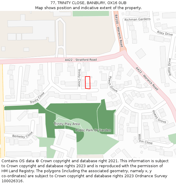 77, TRINITY CLOSE, BANBURY, OX16 0UB: Location map and indicative extent of plot