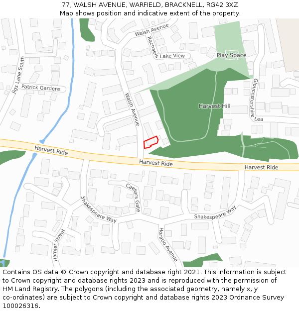 77, WALSH AVENUE, WARFIELD, BRACKNELL, RG42 3XZ: Location map and indicative extent of plot