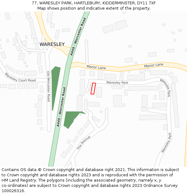 77, WARESLEY PARK, HARTLEBURY, KIDDERMINSTER, DY11 7XF: Location map and indicative extent of plot