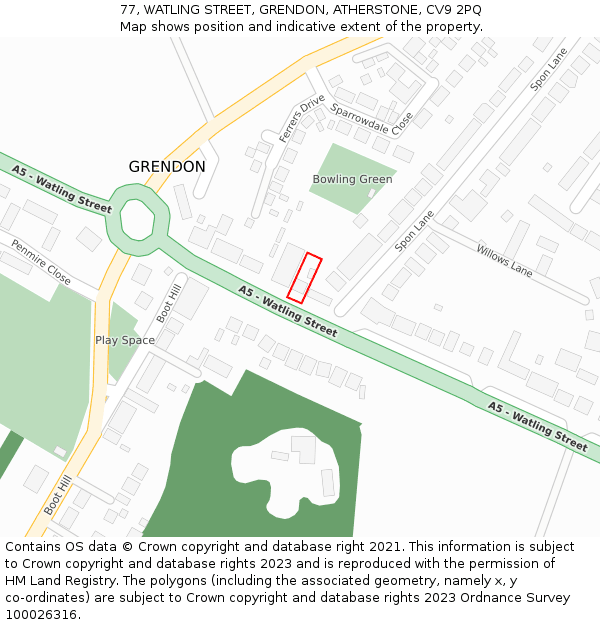 77, WATLING STREET, GRENDON, ATHERSTONE, CV9 2PQ: Location map and indicative extent of plot