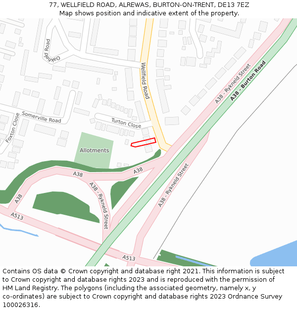 77, WELLFIELD ROAD, ALREWAS, BURTON-ON-TRENT, DE13 7EZ: Location map and indicative extent of plot