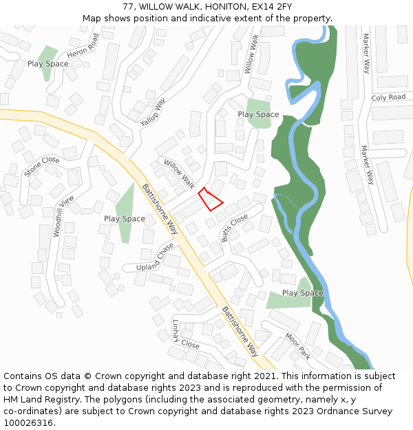 77, WILLOW WALK, HONITON, EX14 2FY: Location map and indicative extent of plot