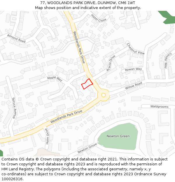 77, WOODLANDS PARK DRIVE, DUNMOW, CM6 1WT: Location map and indicative extent of plot