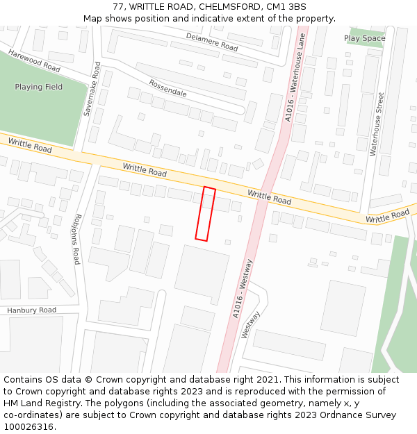 77, WRITTLE ROAD, CHELMSFORD, CM1 3BS: Location map and indicative extent of plot