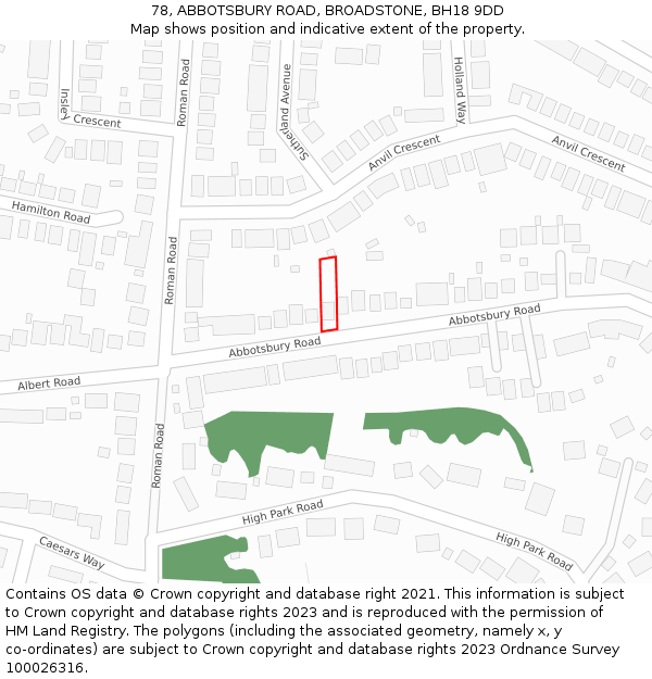 78, ABBOTSBURY ROAD, BROADSTONE, BH18 9DD: Location map and indicative extent of plot