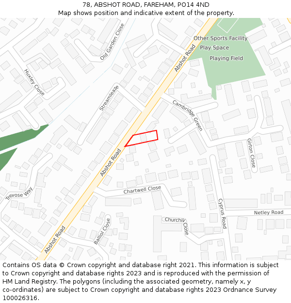 78, ABSHOT ROAD, FAREHAM, PO14 4ND: Location map and indicative extent of plot