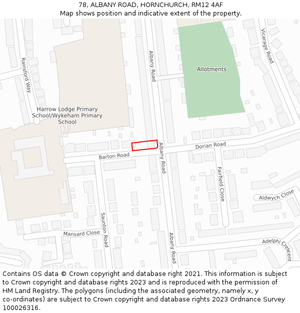 78, ALBANY ROAD, HORNCHURCH, RM12 4AF: Location map and indicative extent of plot