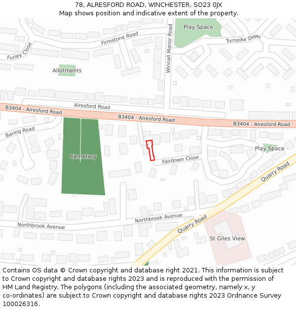 78, ALRESFORD ROAD, WINCHESTER, SO23 0JX: Location map and indicative extent of plot