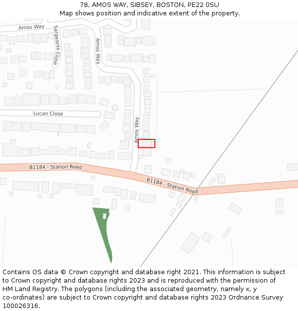 78, AMOS WAY, SIBSEY, BOSTON, PE22 0SU: Location map and indicative extent of plot