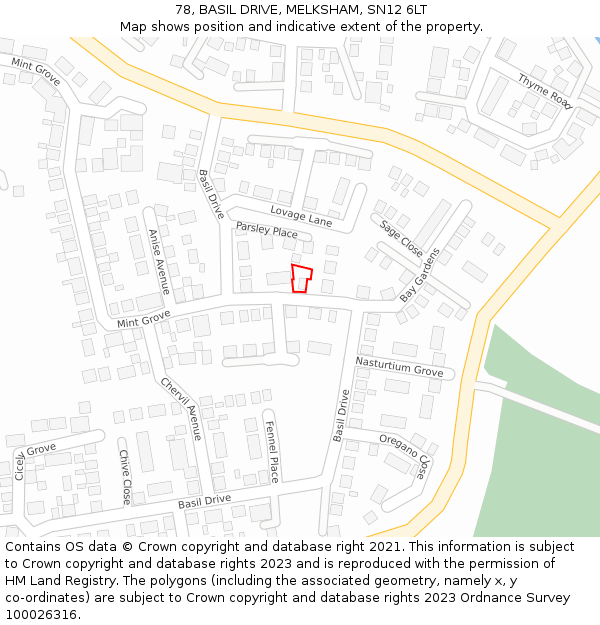 78, BASIL DRIVE, MELKSHAM, SN12 6LT: Location map and indicative extent of plot