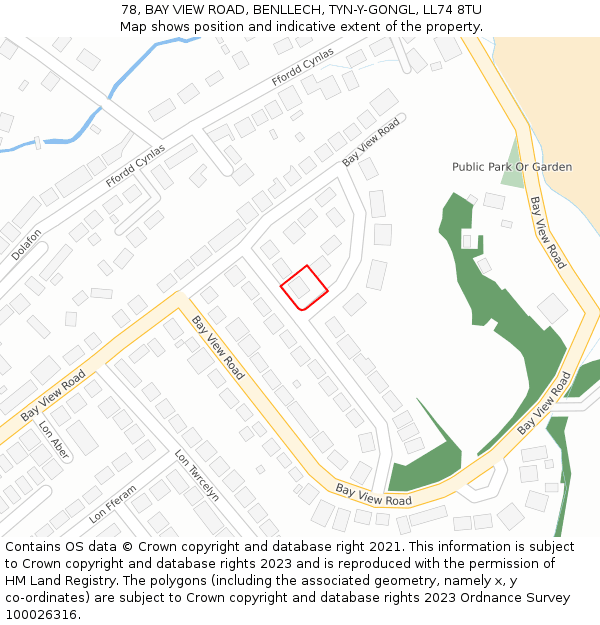 78, BAY VIEW ROAD, BENLLECH, TYN-Y-GONGL, LL74 8TU: Location map and indicative extent of plot